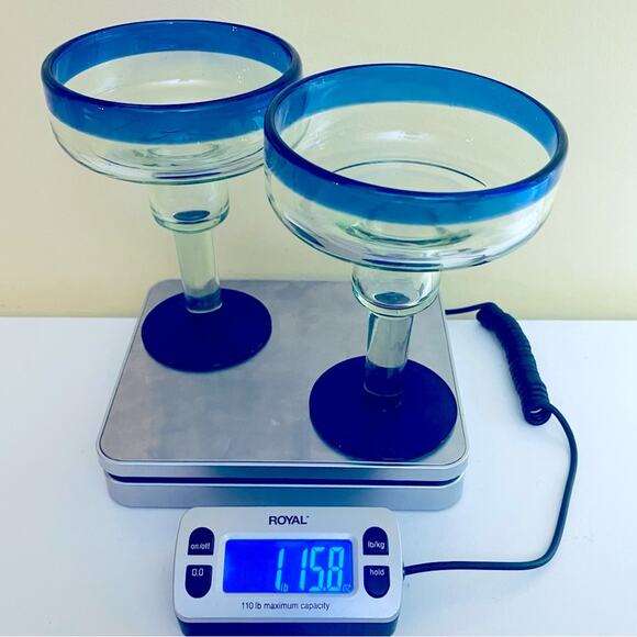 Vintage 2 Hand Blown Clear Cobalt Blue Margarita Glasses Bar Accessories - Picture 5 of 6